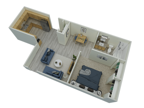 A 3D rendered image of a small apartment layout.